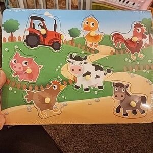 New Farm animals wooden peg puzzle toddler toy learning problem solving game